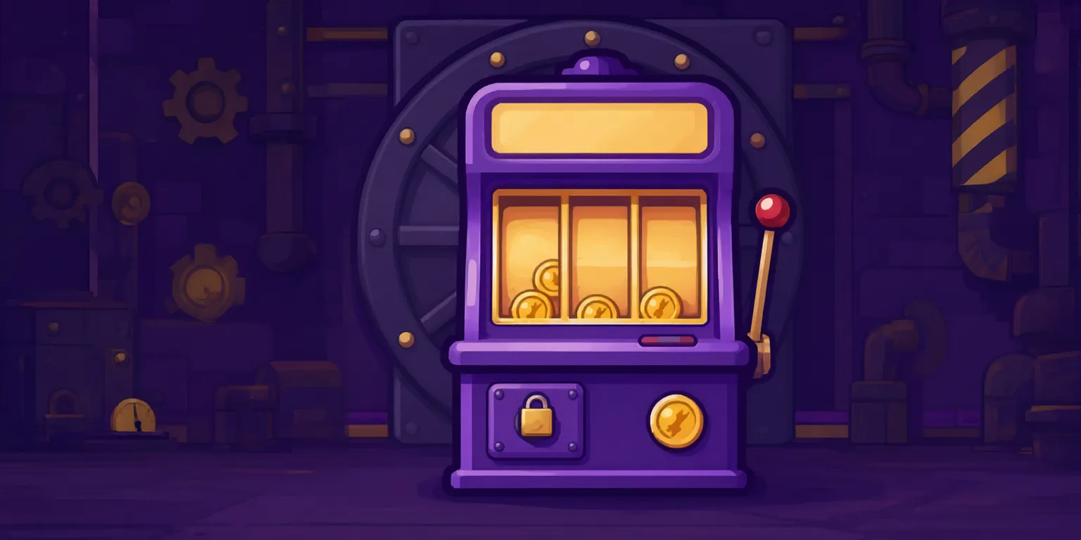 A purple slot cabinet with three coin reels and a padlock dial, standing in front of a riveted vault door